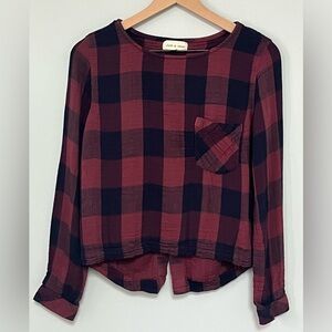 Anthropologie Cloth & Stone Womens Crop Top Size S Plaid Tie-Back Long Sleeve‎